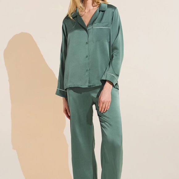 Inez Washable Silk Long PJ Set in Agave/Surf Spray - Picture 1 of 3